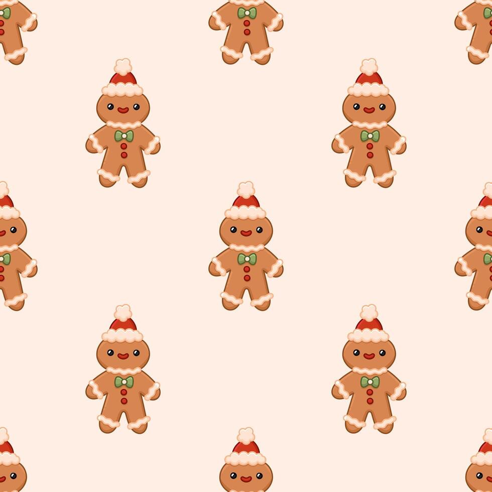 Christmas background with ginger cookie, gingerbread man santa. Seamless pattern with festive traditional cookies with icing. Homemade biscuit. Winter holiday print for packaging, home decor vector