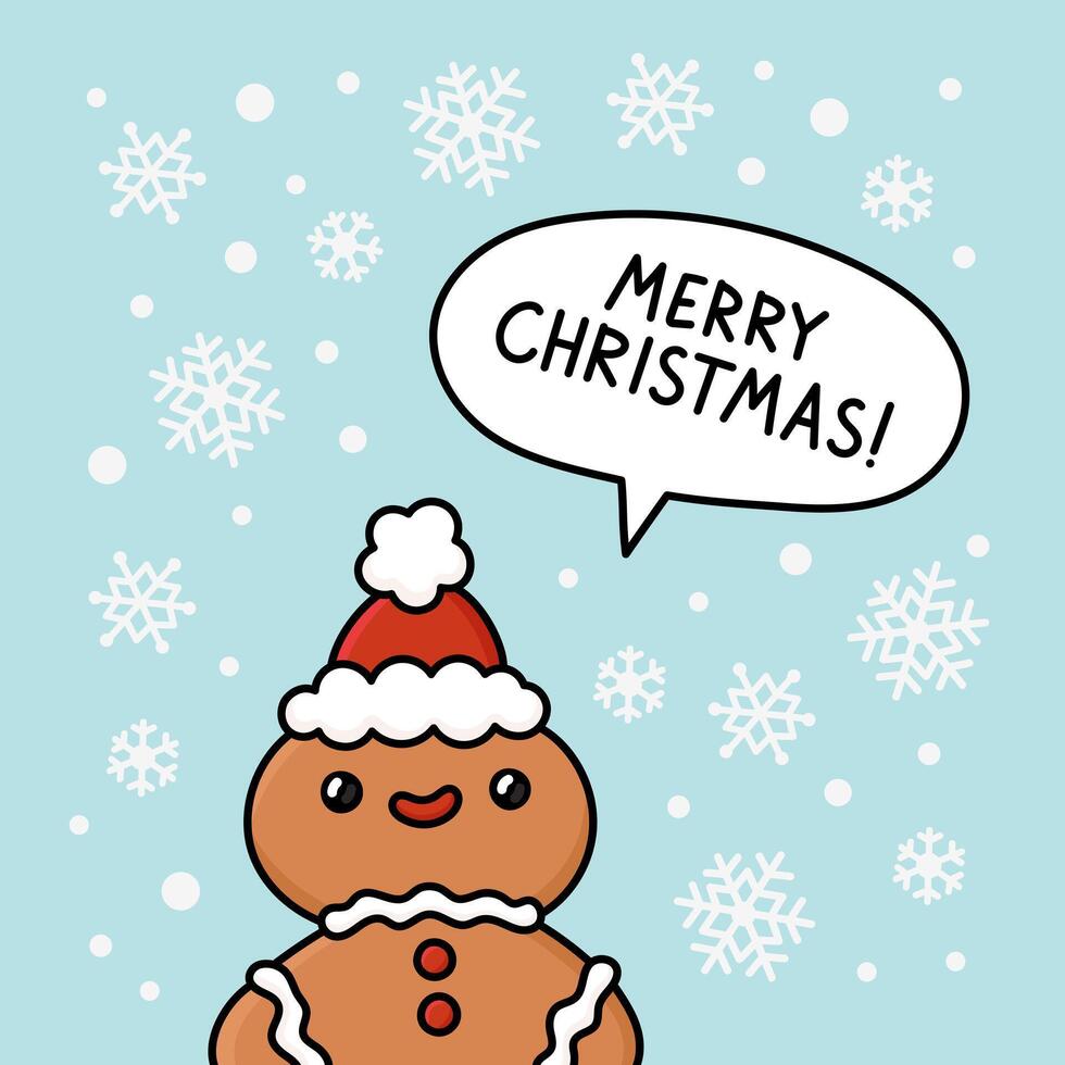 Winter holiday card with Christmas gingerbread man and decorated snowflackes. Funny cartoon character. Xmas traditional cookies with icing. Festive New Year illustration vector