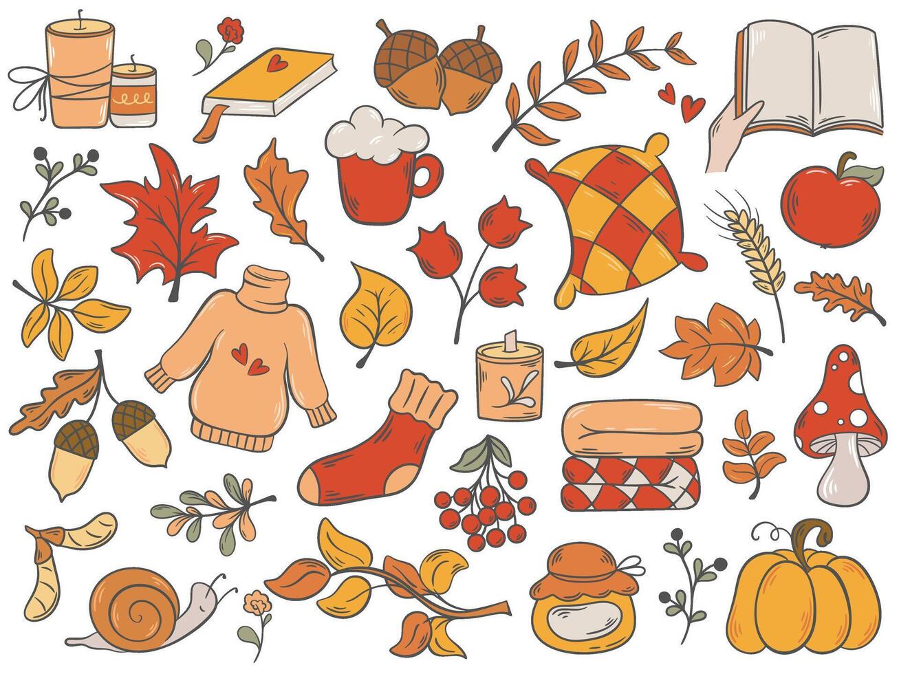Colorful hand drawn set autumn elements and symbols vector