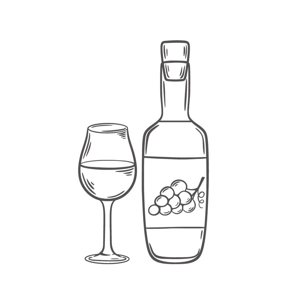 Bottle and glass of wine doodle sketch style illustration vector