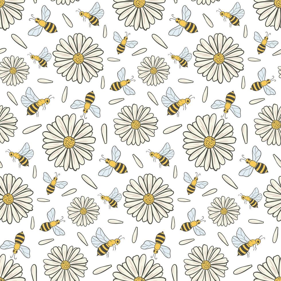 Honey bees and chamomile flowers seamless pattern vector