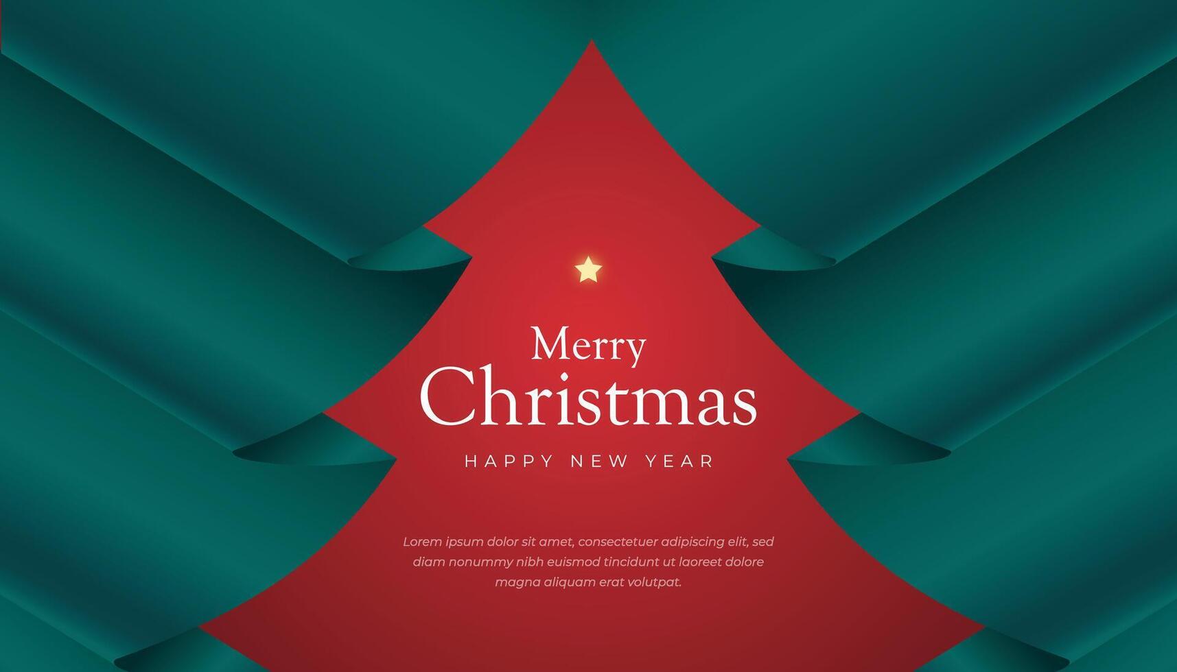 Creative Christmas and New Year's Eve background with green folded paper style Christmas tree on a red background. vector
