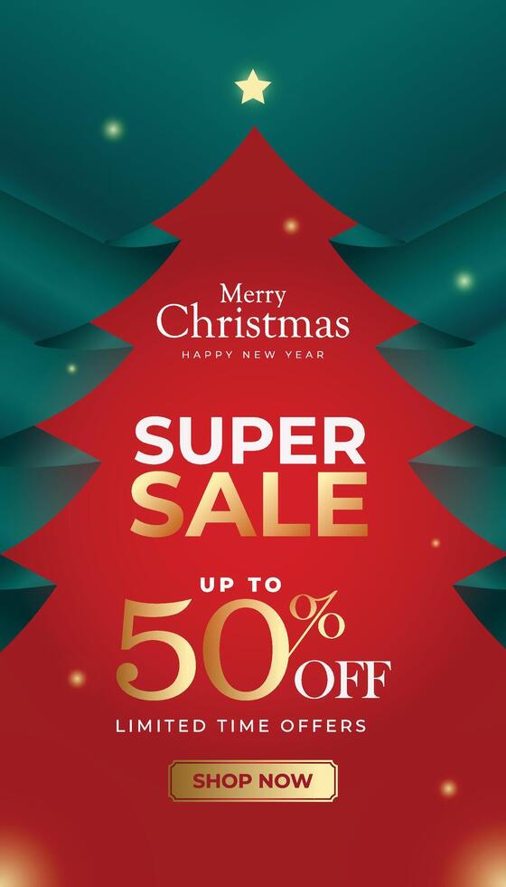Super sale promotion-themed poster with Christmas tree frame decoration on a red background. vector