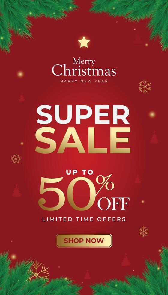 Super sale promotion-themed poster with Christmas tree pine leaves decoration on a red background. vector