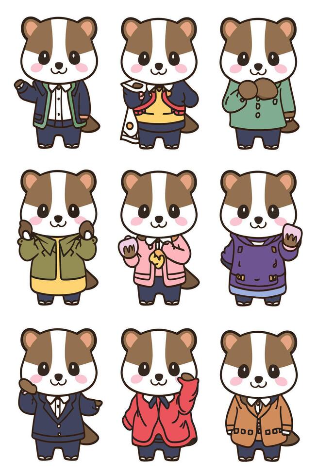 A set of different cartoon animals in different outfits vector
