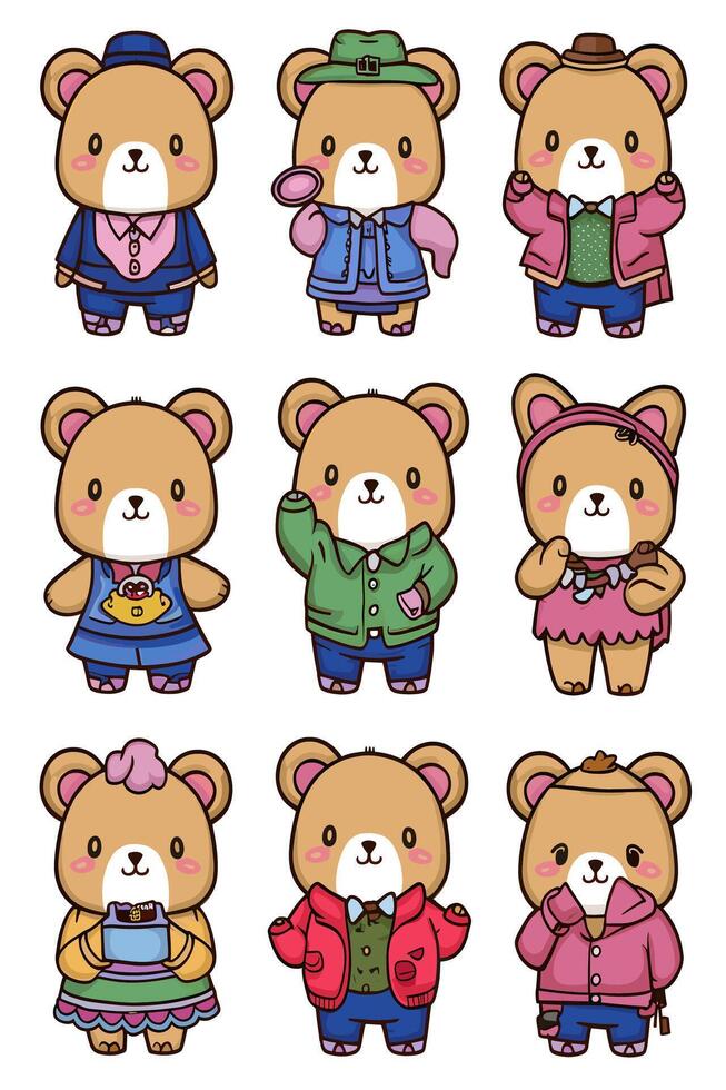 A set of teddy bears in different clothes vector