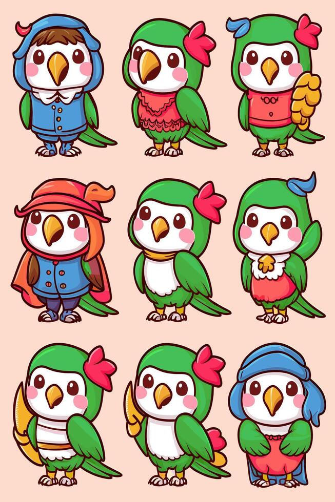 Cartoon parrot characters in different outfits vector