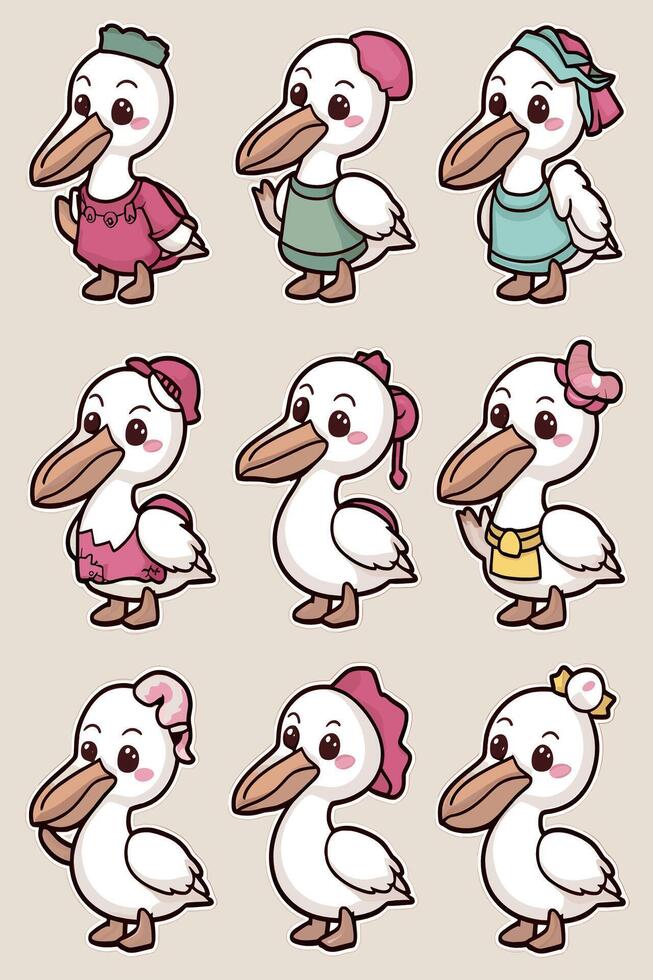 Cartoon pelican set of six pelicans vector