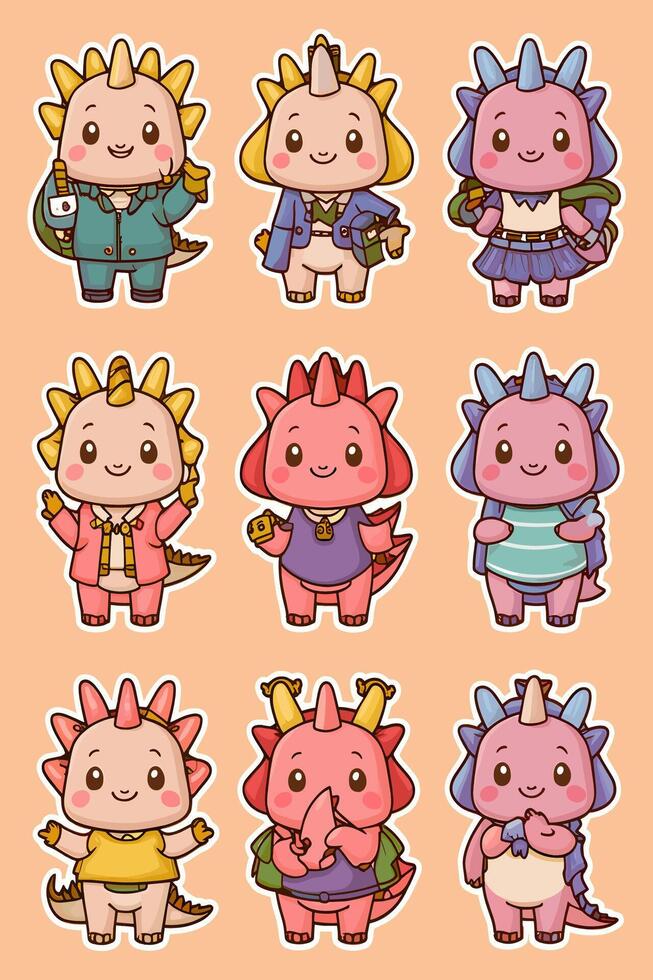 Cute cartoon dino stickers set vector