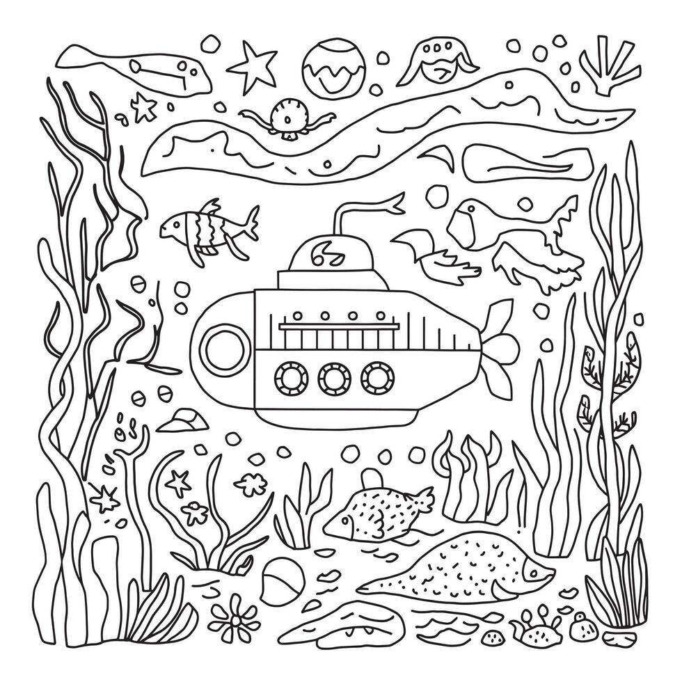 A coloring page with an underwater scene vector