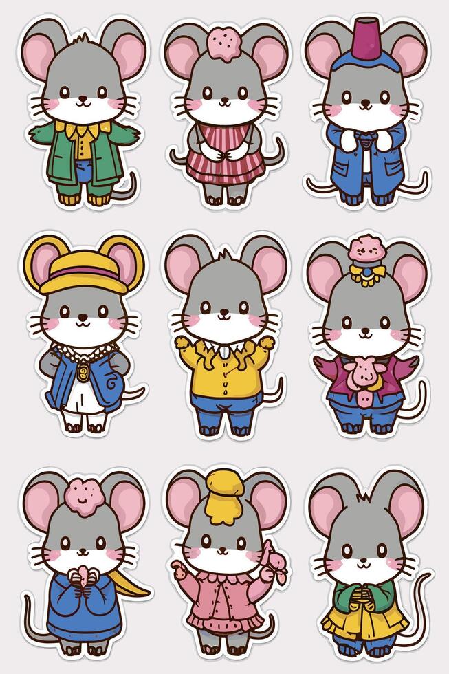 A set of mouse stickers with different outfits vector