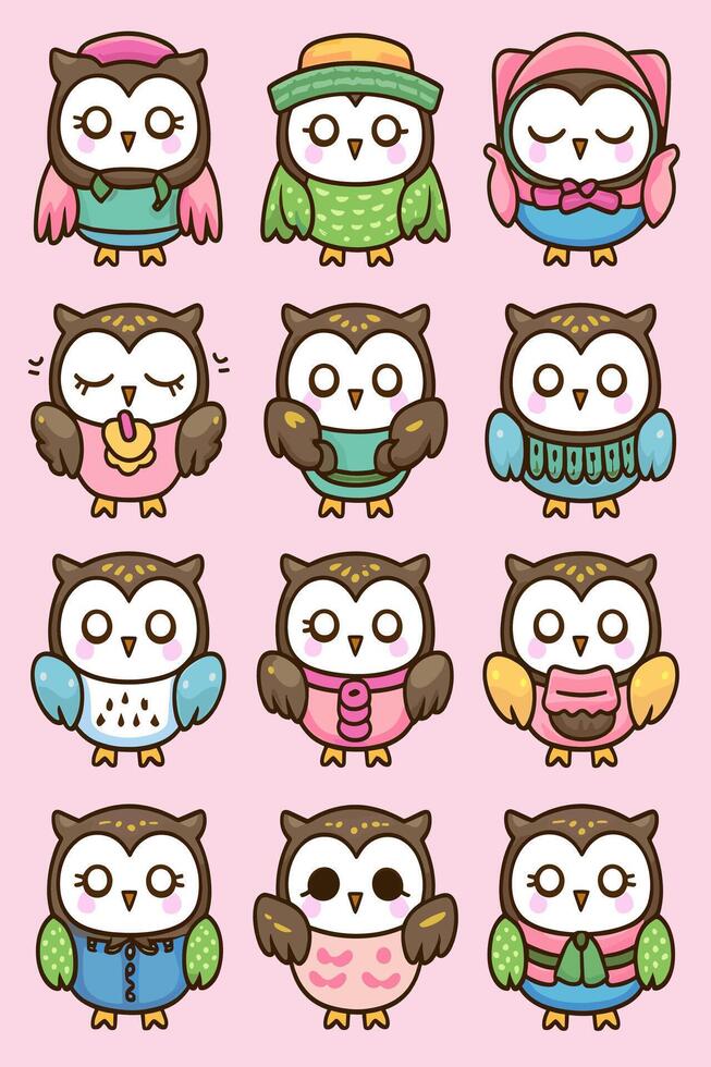 Cute owl icons set vector