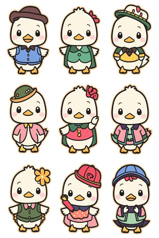 A set of cartoon characters in different outfits vector