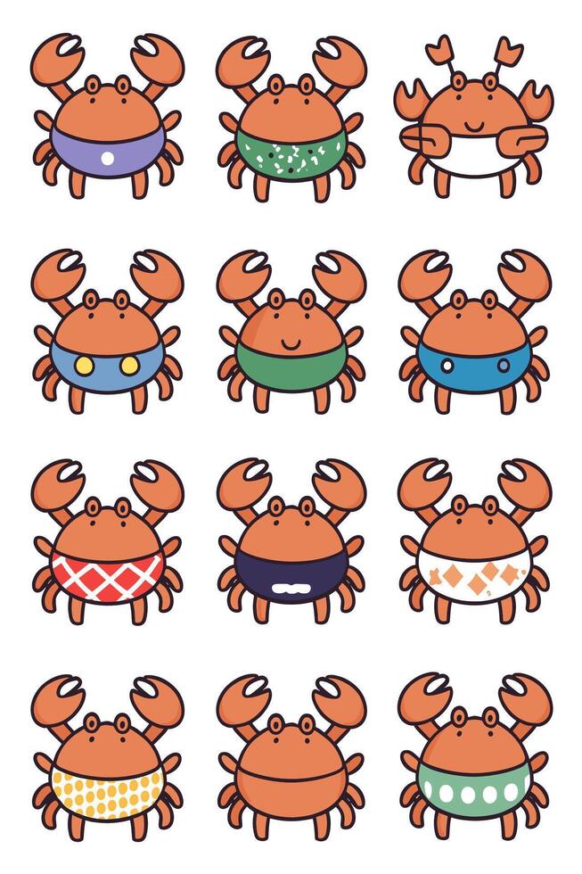 Crab icon set with different colors and sizes vector