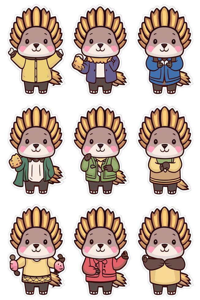 Hedgehog sticker set, set of nine hedgehog characters vector