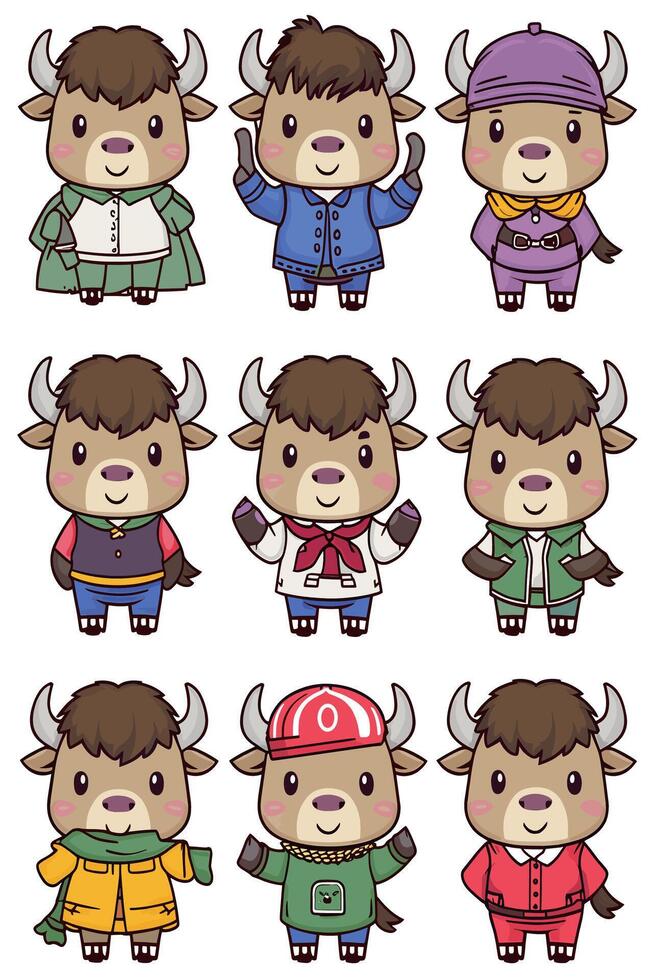 A set of cartoon buffalo characters in different clothes vector