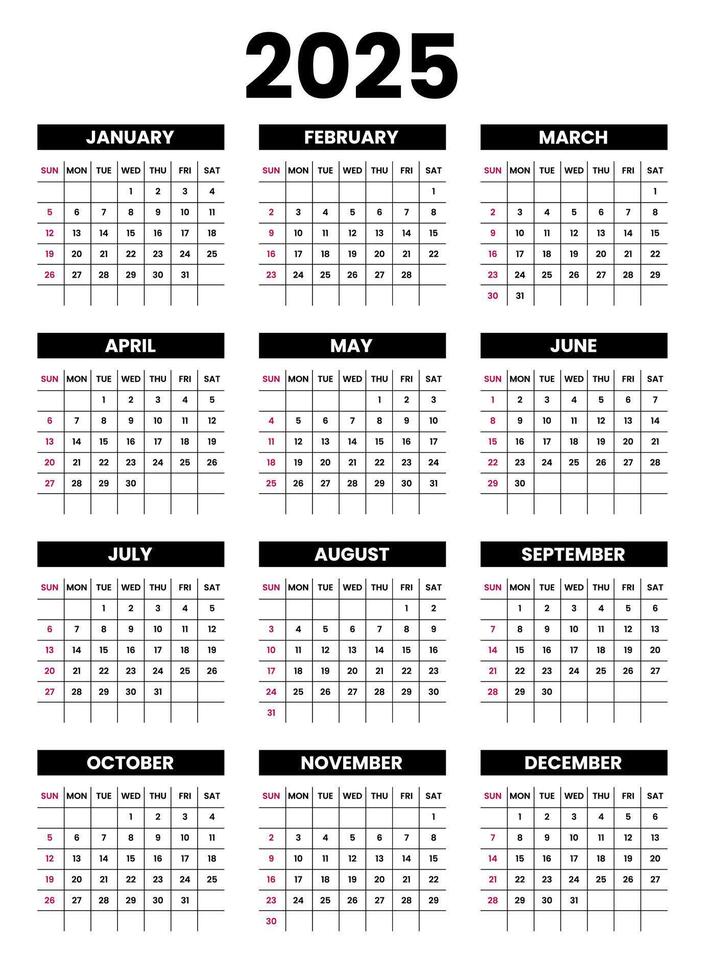 Calendar 2025 week start Sunday business corporate design template . Wall calendar 2025. vector