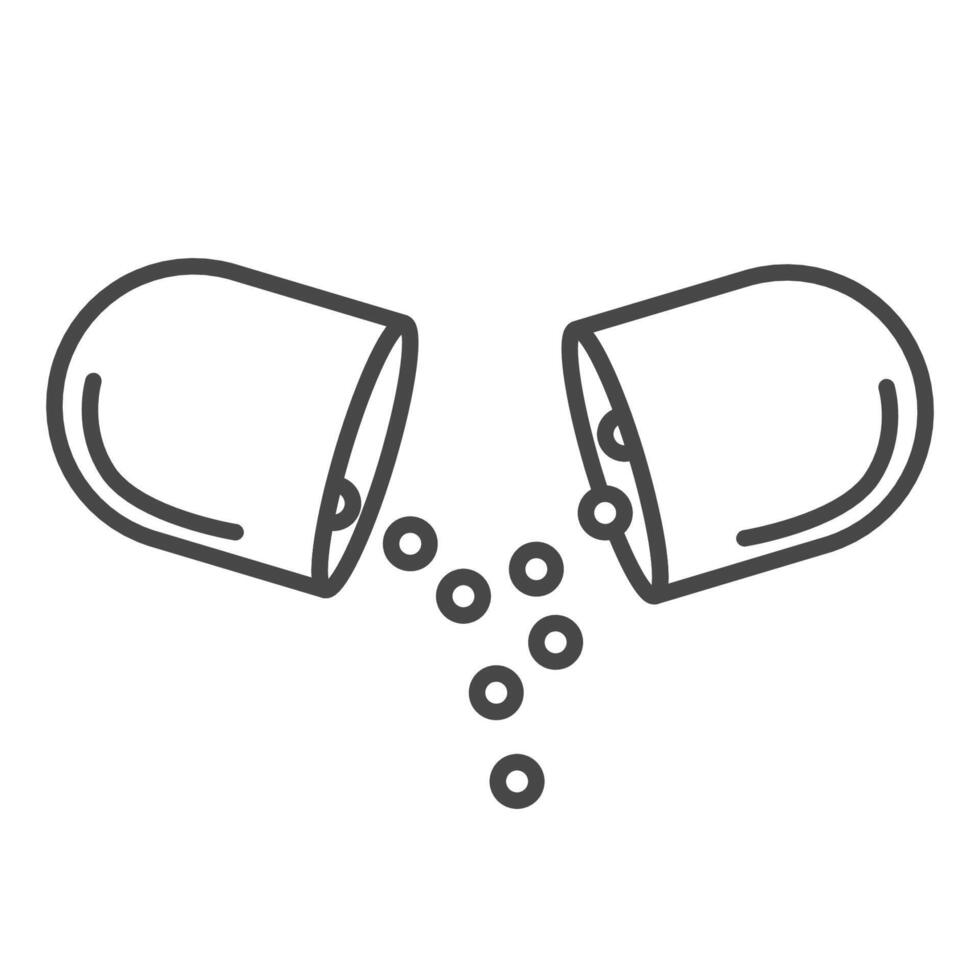 Flat open capsule pill icon, releasing tiny beads. Open medical tablet, falling blue balls from pill. Pharmacy concept vector