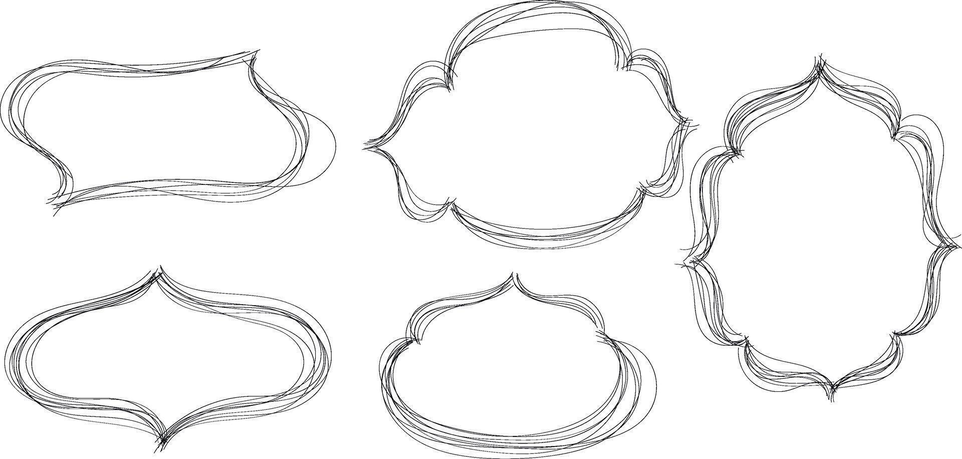 Hand drawn doodle frames. Set of outline banners in pencil style. Complex shape. Oriental windows, mosque dome and lanterns. Deliberately careless asymmetrical contour. vector