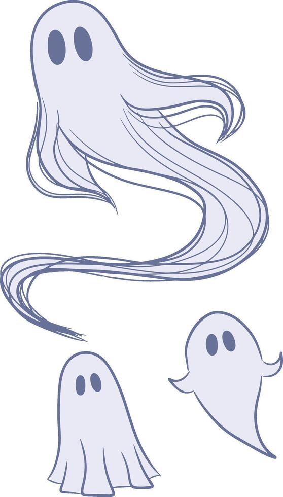 Set of cartoon flat hand drawn ghosts. Spooky Halloween symbols icons. vector