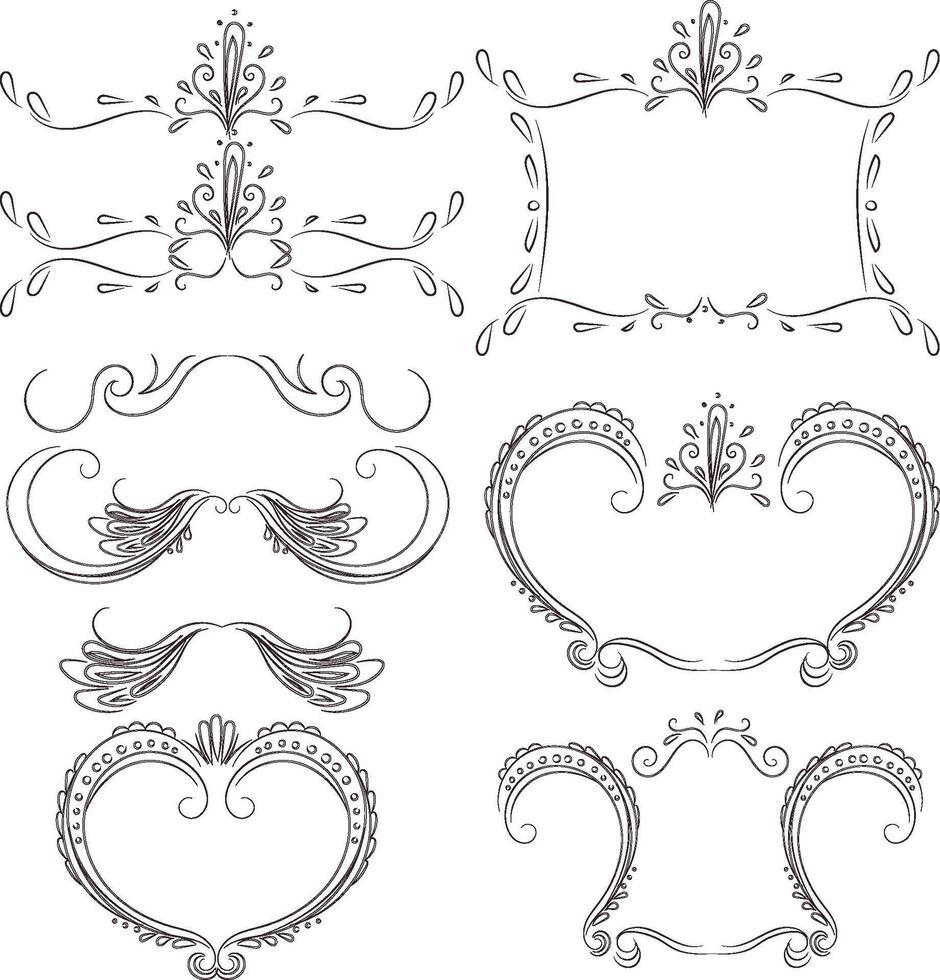 Decorative frames and deviders. Set of elements in baroque or rococo style. Pompous square, hearts and other shapes. vector