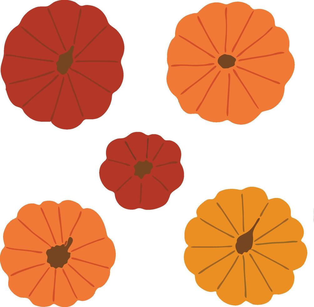 Flat hand drawn set of orange pumpkins. Halloween autumn symbols. icons. vector