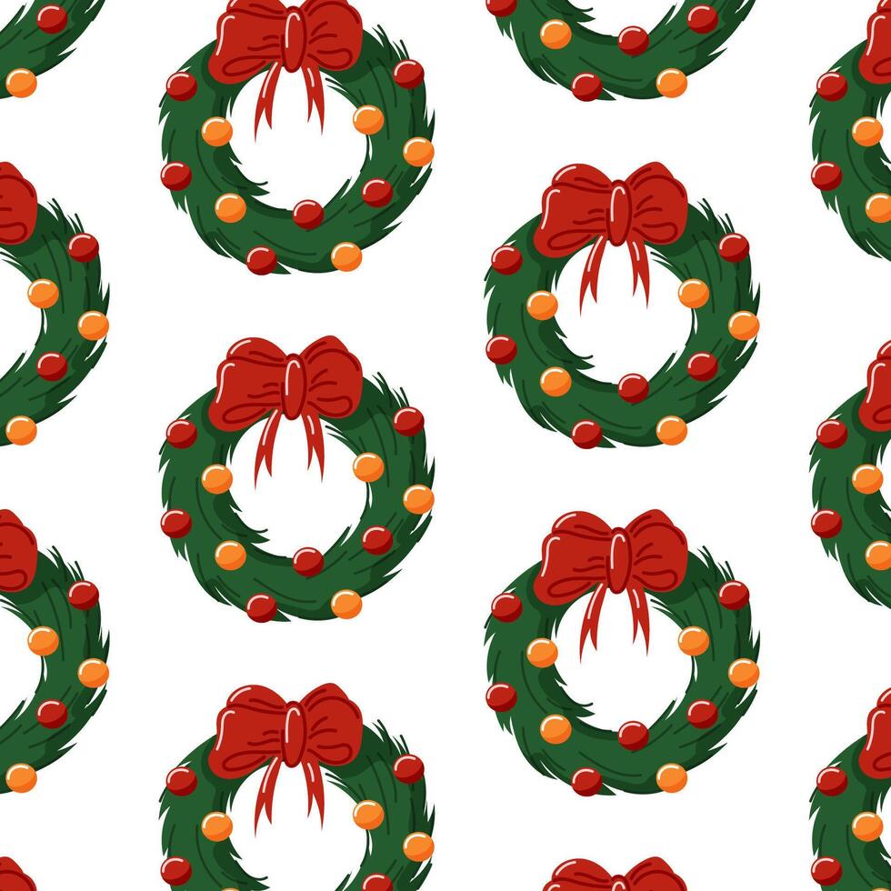 Seamless pattern of Christmas wreath with red bows and colorful ornament in flat style. Ideal for holiday wrapping paper, textile or festive decoration project with a traditional seasonal theme. vector