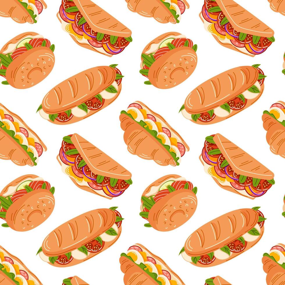 Various sandwiches seamless pattern, croissant, bagel and sub in flat style. Perfect for food related design, menu, restaurant decor and food packaging. White background. vector