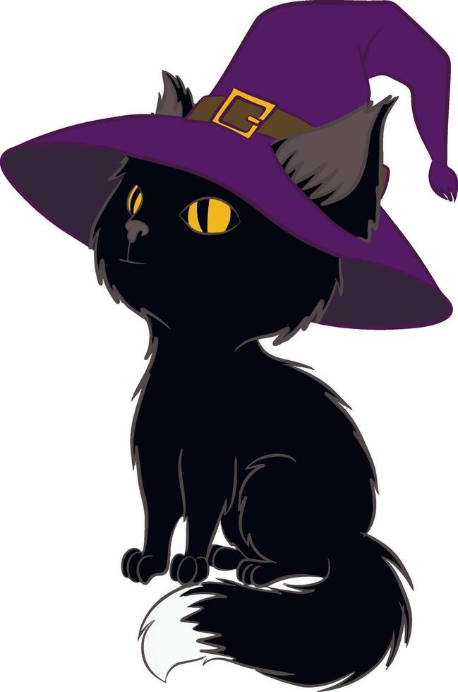 Black hand drawn cartoon cat in lilac witch hat. Tomcat looks to the side with his yellow eyes. Fluffy tail goes around paws. Spooky Halloween symbol icon. vector