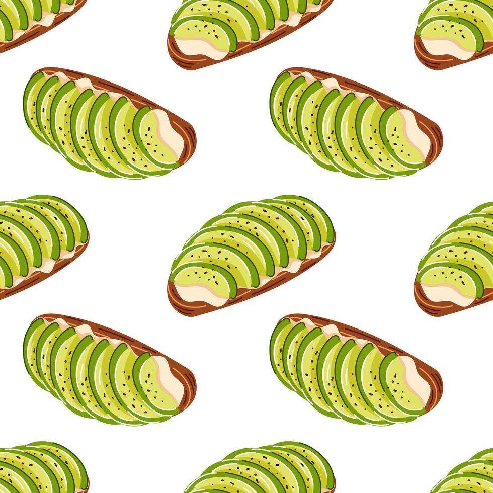 Seamless pattern with avocado toast slice in flat style. Perfect for healthy food design, restaurant menu, kitchen decor or packaging. Ideal for food related project and branding. vector