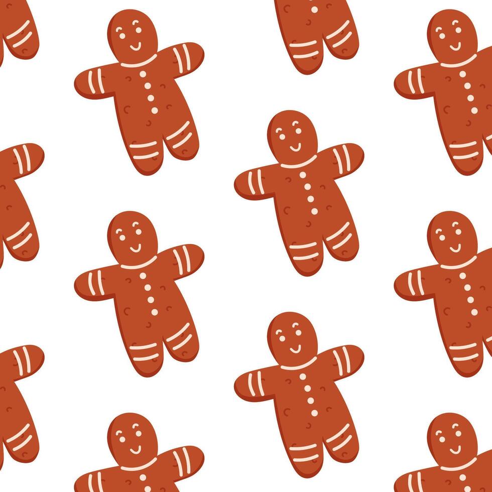 Seamless pattern with smiling gingerbread man in flat style. Perfect for Christmas, holiday decor and festive wrapping paper. Cute and playful design for seasonal project and food related item. vector