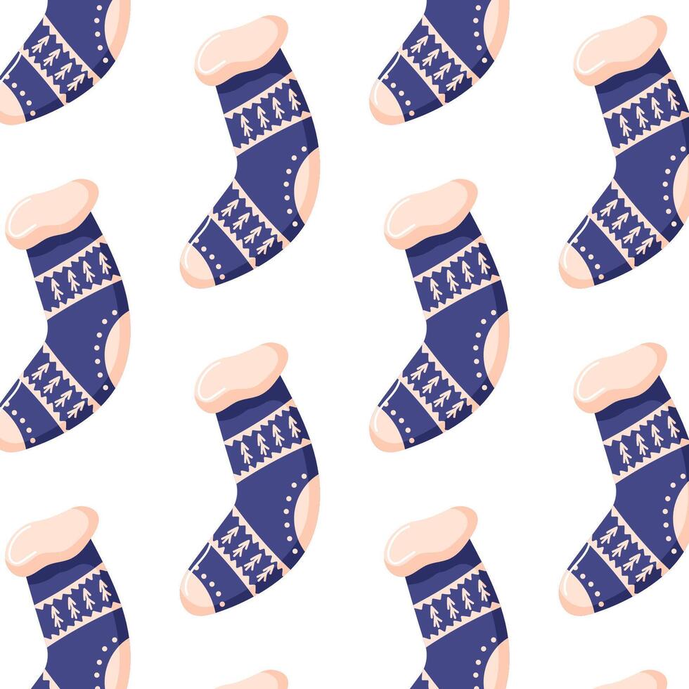 Seamless pattern with cozy Christmas socks in blue with festive tree and geometric designs. Flat style. Ideal for holiday wrapping, textiles or seasonal decorations in a cute winter theme. vector