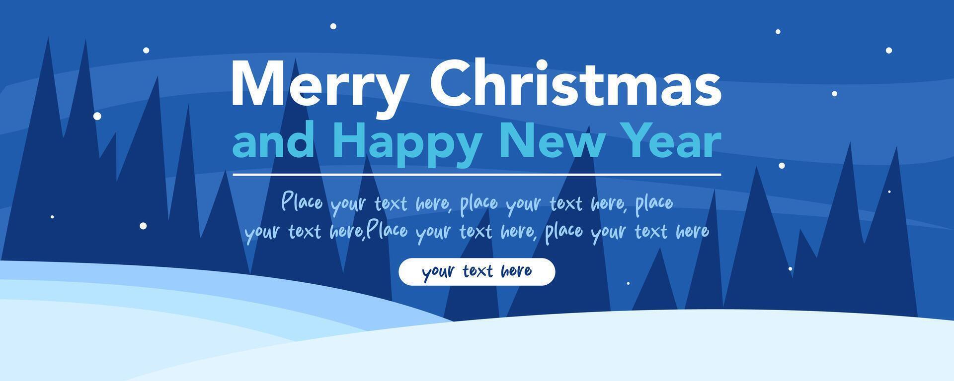 Creative Merry Christmas and Happy New Year flat template with tree, snow illustration and abstract background for seasonal sale banner, greeting card, poster, cover, web, social media post, flyer vector