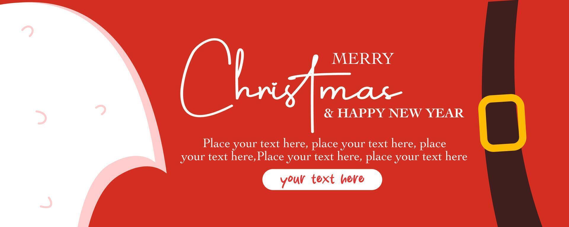 Creative Merry Christmas and Happy New Year flat cartoon greeting template with santa illustration, lettering and red background design for holiday invitation, card, poster, cover, banner, flyer, web vector