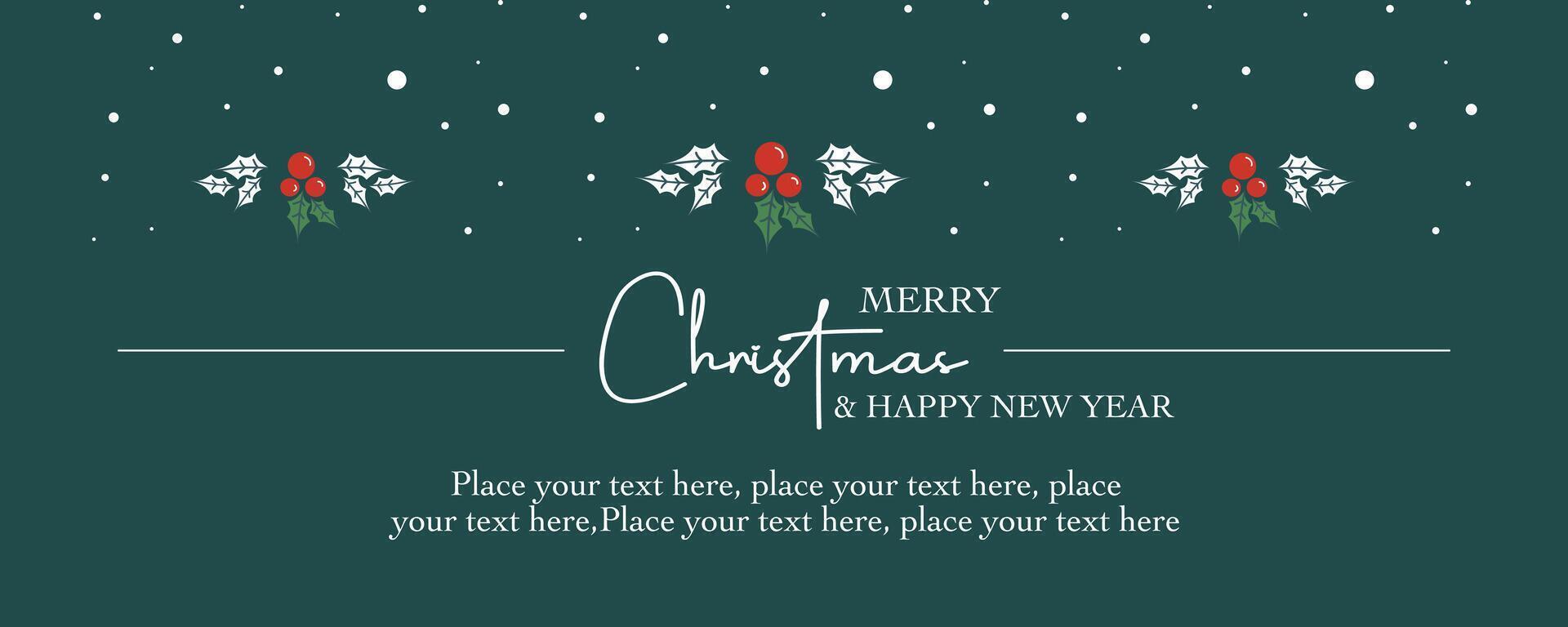 Merry christmas and happy new year mininalist greeting with beries, leaves and snow element on green horizontal background good for sale, advertisement promotion, card, gift, poster, flyer and banner. vector