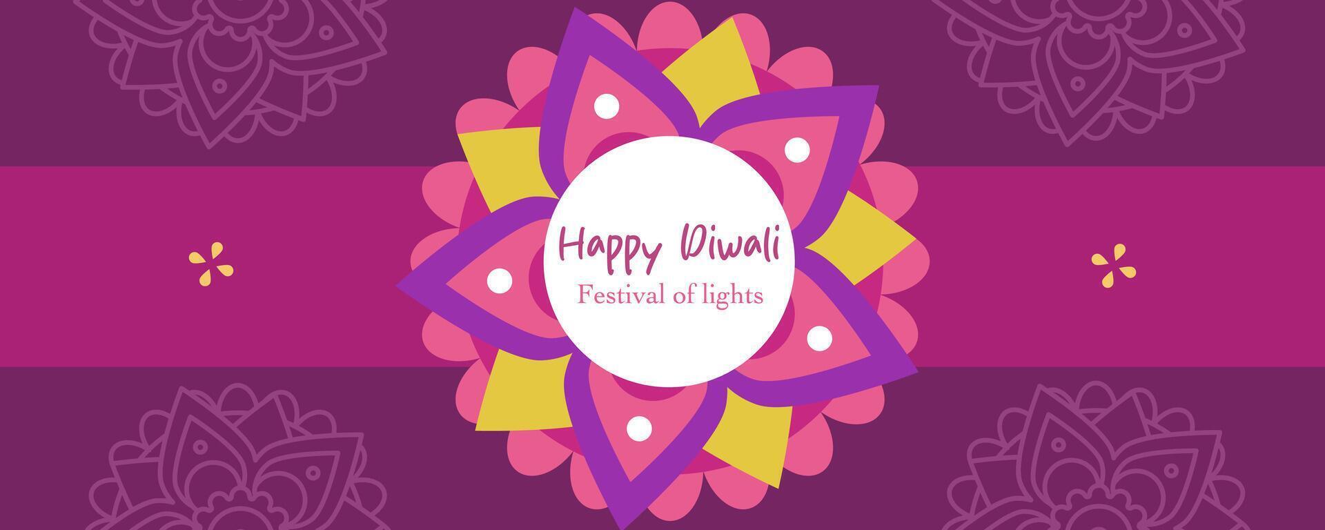 Horizontal Diwali Hindu festival of lights greeting template with oil lamp, mandala shapes and pink illustration background for branding, social media, greeting card, web, banner, cover, flyer, poster vector