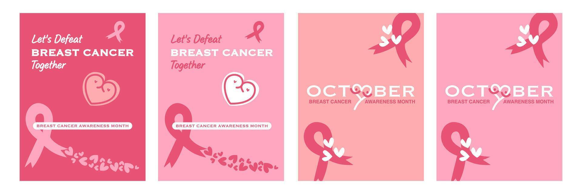 Breast Cancer awareness illustration with heart shape and ribbon symbol for Pink October month female healthcare campaign solidarity web design template vector