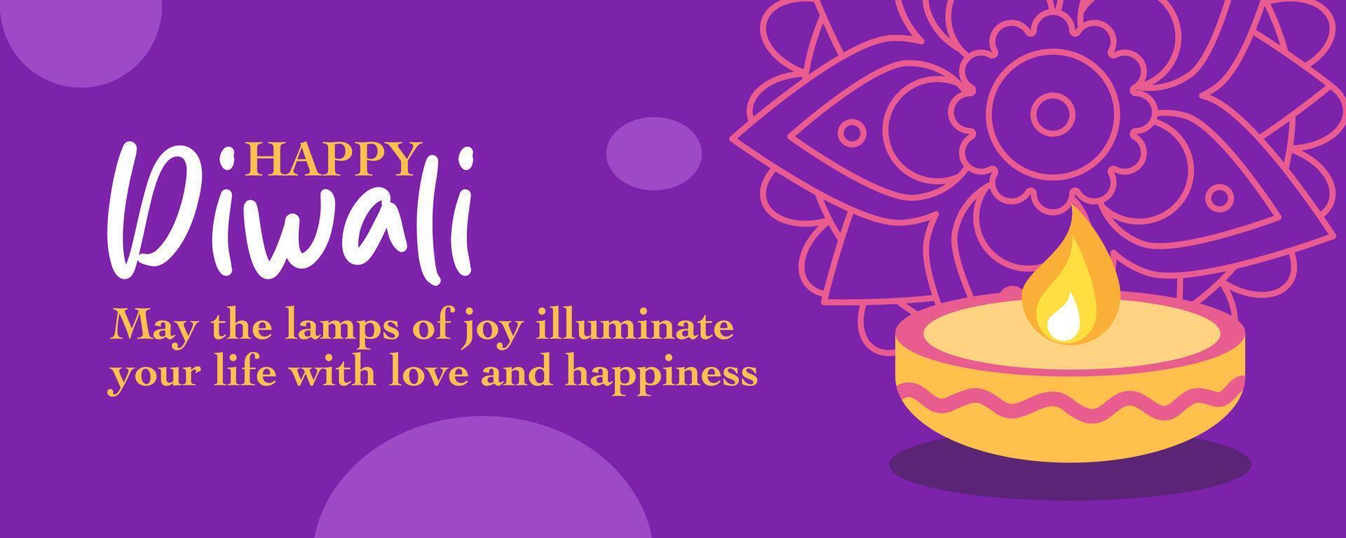 Diwali Hindu festival of lights template design with rangoli and oil lamps decoration with minimalist purple background for branding, social media, greeting card, web banner, cover, flyer or poster vector