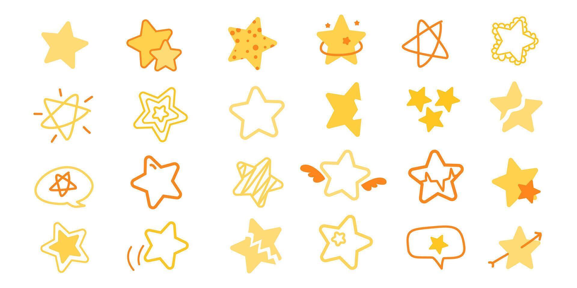 Set of Flat doodle and clipart sketch yellow star shape icon vector