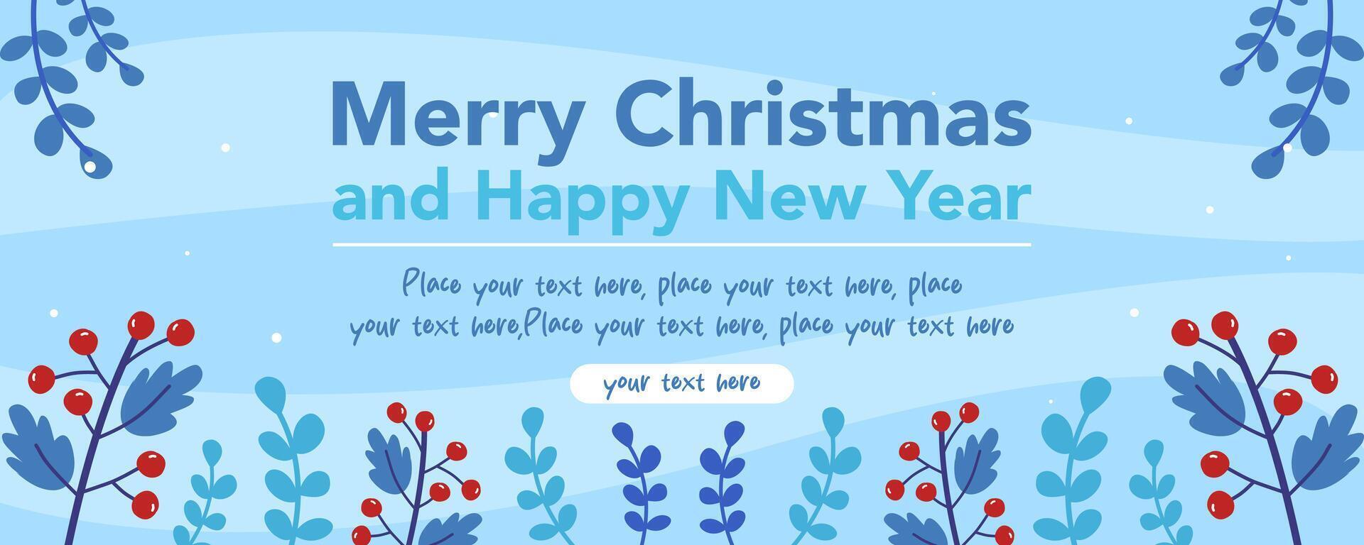 Merry Christmas and Happy New Year flat template with berries, leaves illustration and abstract blue background for seasonal sale banner, greeting card, poster, cover, web, social media post, flyer vector