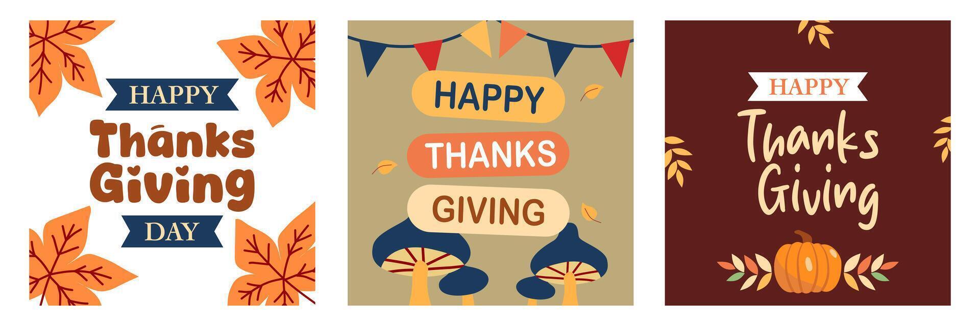 Thanksgiving day in cartoon square design templates set with autumn leaves and mushroom good for poster, card, invitation, flyer, cover, banner, placard, brochure and social media post vector