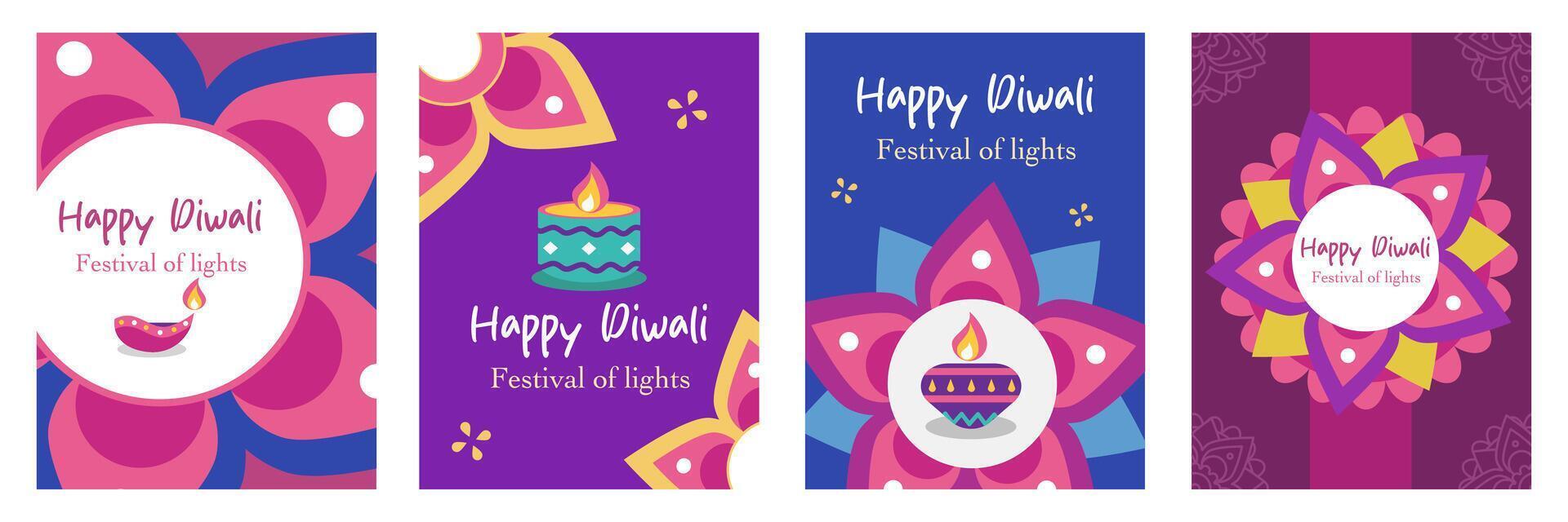 Creative Diwali Hindu festival of lights greeting template set with oil lamp, shapes and mandala colorful background for branding, social media, greeting card, web, banner, cover, flyer or poster vector