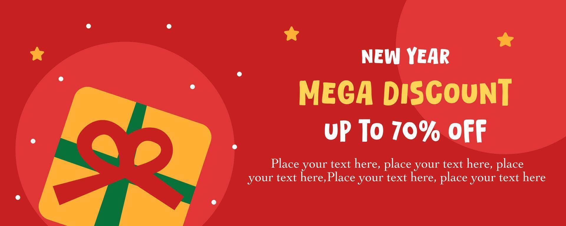 Modern Merry Christmas and Happy New Year horizontal template with gift and star on red background good for web sale banner, greeting card, poster, holiday, flyer, advertisement, cover vector
