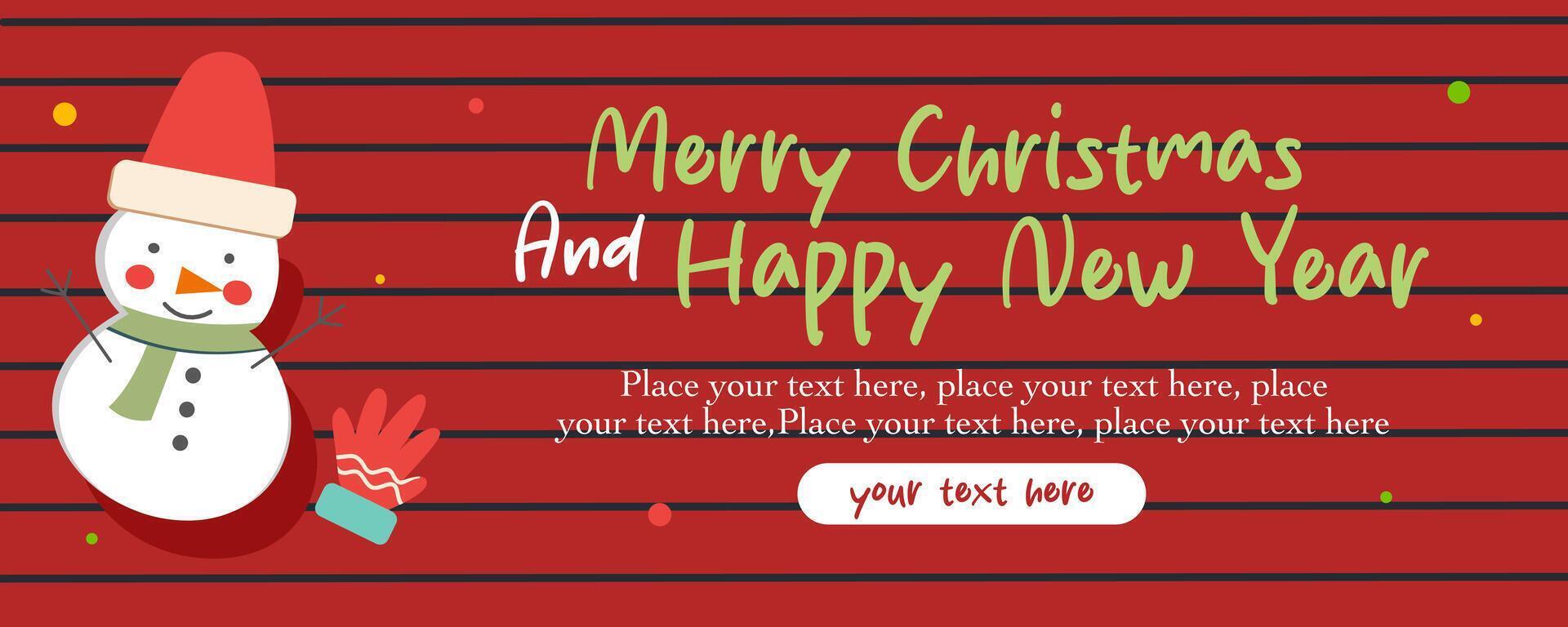 Merry Christmas and Happy New Year flat cute cartoon greeting template with snowman illustration, lettering and red background design for holiday invitation, card, poster, cover, banner, flyer, web vector