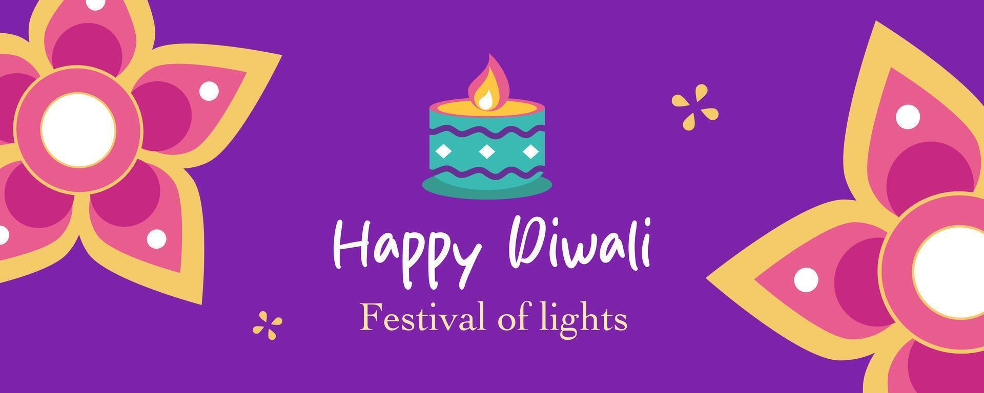 Horizontal Diwali Hindu festival of lights greeting template with oil lamp, mandala shapes and flat illustration background for branding, social media, greeting card, web, banner, cover, flyer, poster vector