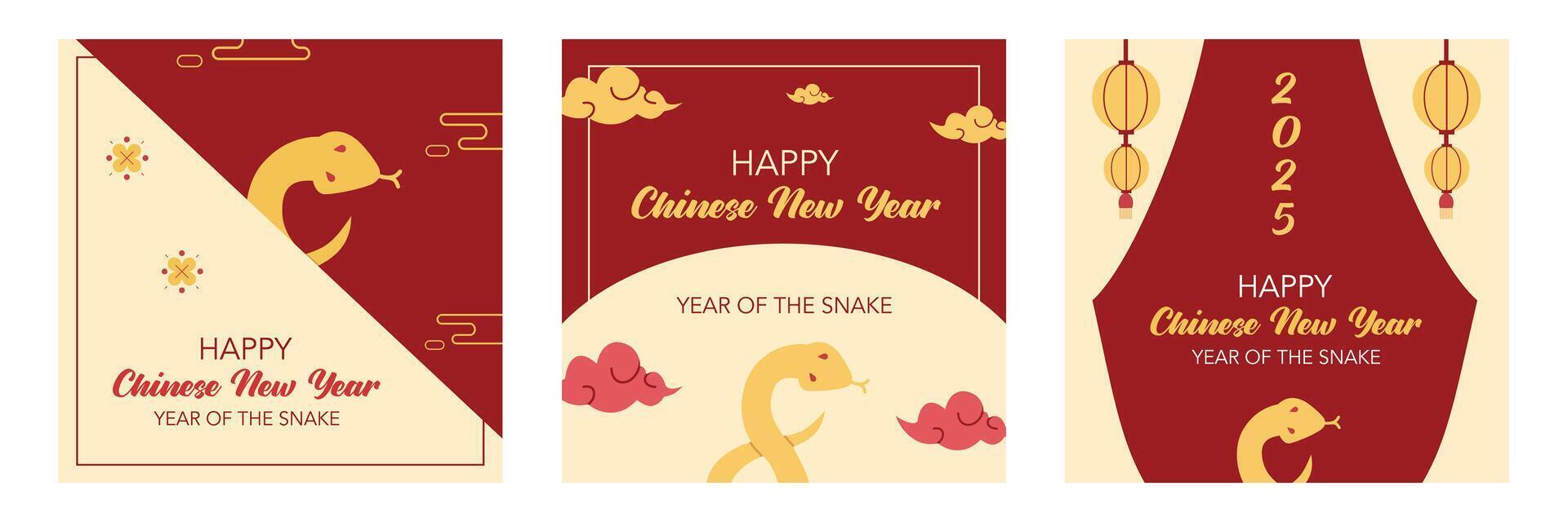 Lunar new year, Chinese new year 2025 and year of the Snake square set with Chinese zodiac Snake symbol illustration in red background, geometric design for cover, card, poster, banner, social media. vector