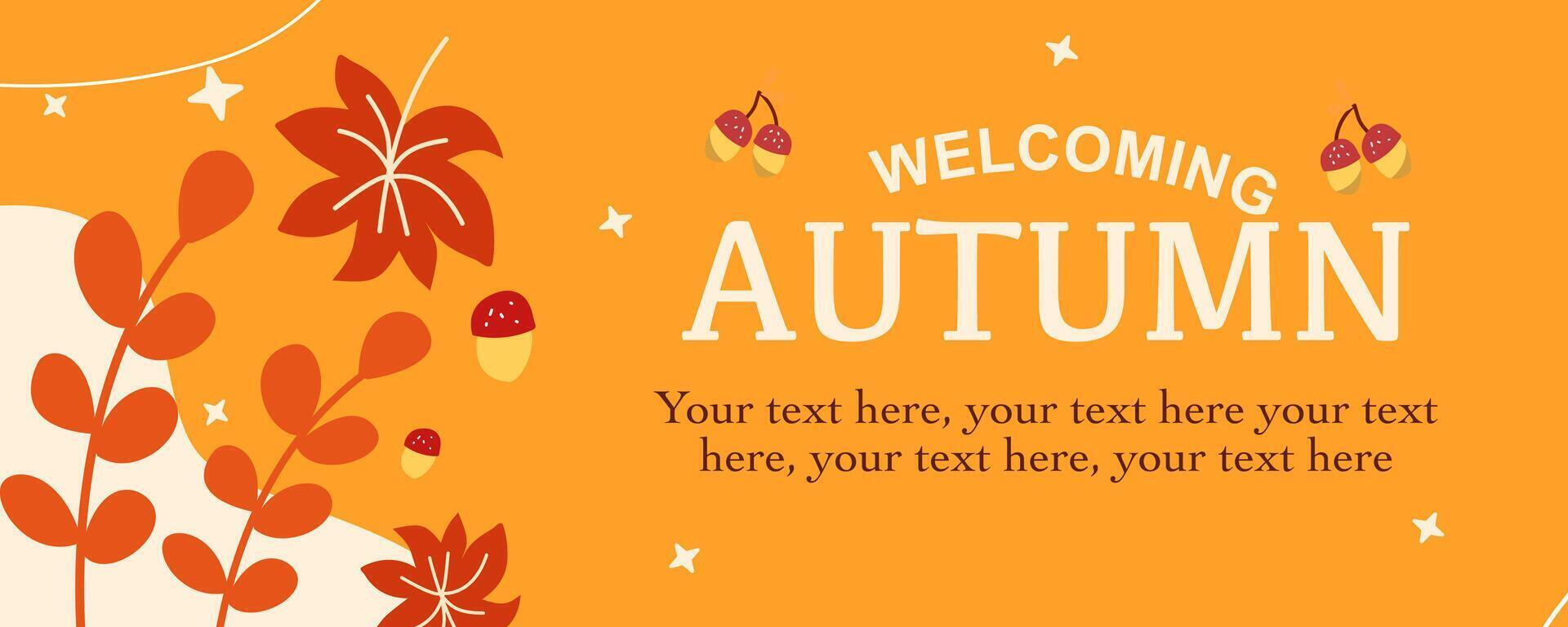 Welcoming Autumn season greeting with fall leaves and minimalist horizontal background for poster, invitation, card, flyer, cover, banner, social media, sale, advertising. vector