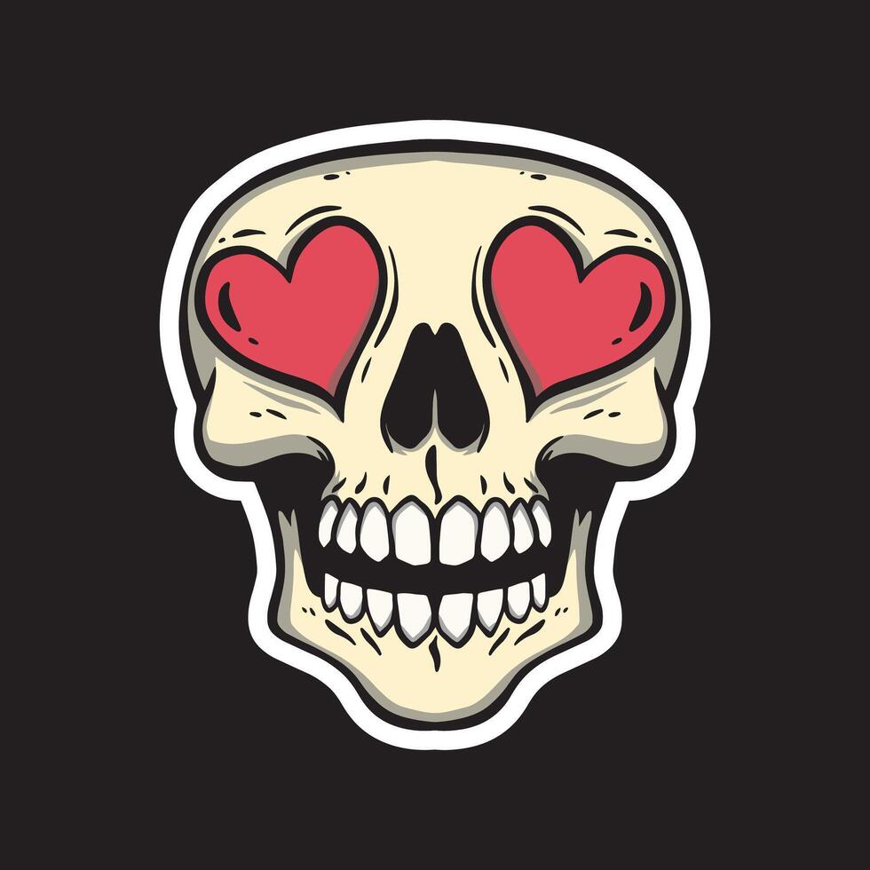 a skull with hearts on eyes art illustration for stickers logo poster etc vector