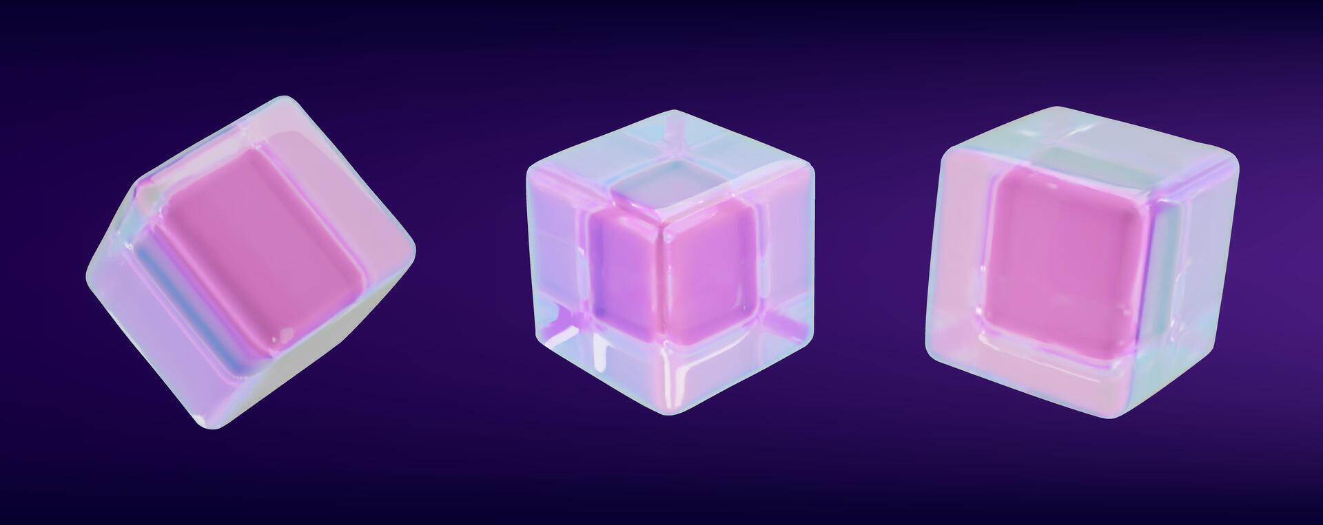 3d render glass neon cube set. Glossy crystal design collection rectangle shape. Contemporary glassmorphism. illustration realistic neon prism. Gradient geometric box hologram effect y3k style vector