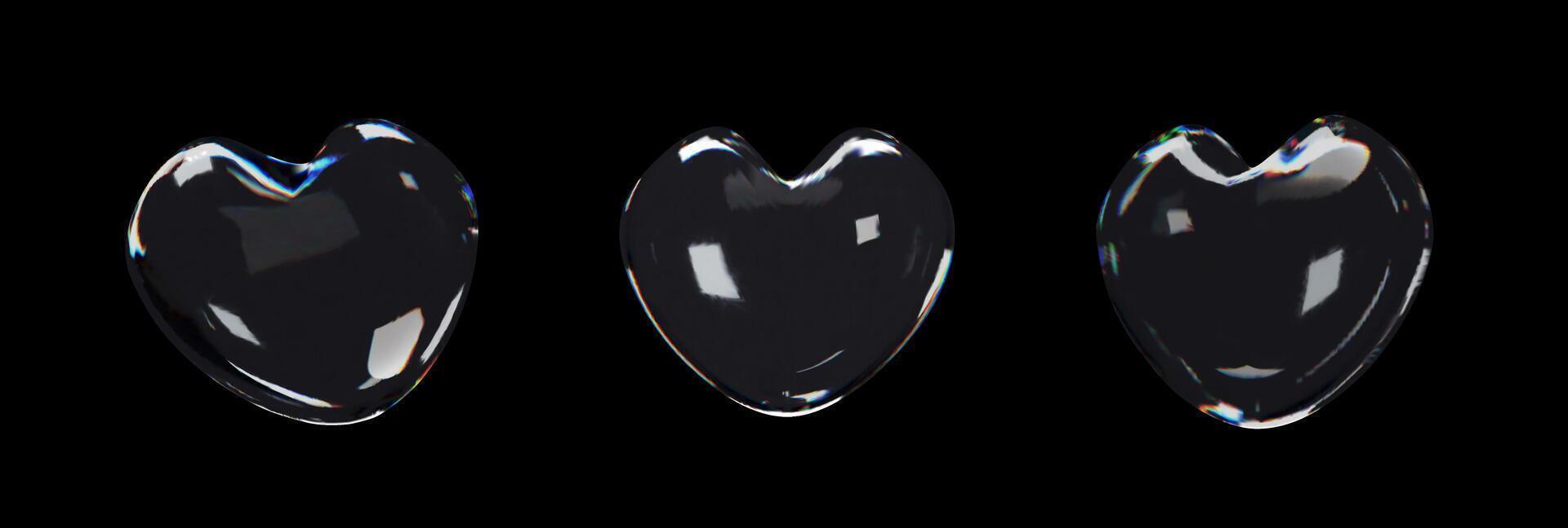 3d render glossy heart collection. three-dimensional illustration set. Abstract shape of glasses. Realistic crystal valentine element with rainbow gradient. Hologram diamond refraction prism. vector